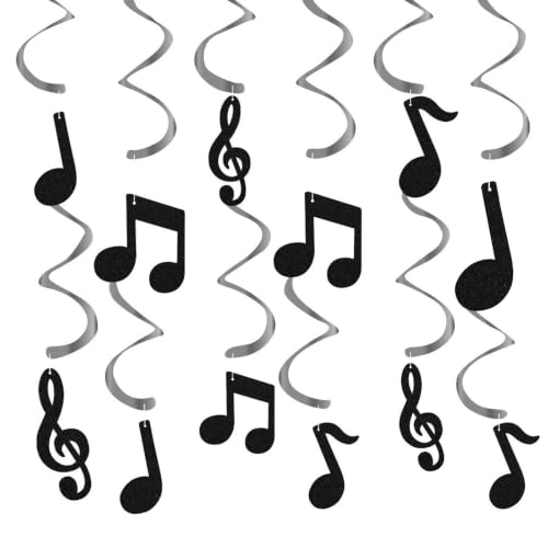 Lot de 12 notes de musique à suspendre – Spirales décoratives musicales pour plafond, idéales pour anniversaire, mariage, réveillon ou carnaval, décoration de fête élégante en noir et argent