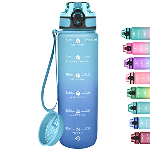 GOSWAG 32oz Motivational Water Bottles with Time Marker & Fruit Strainer, Sports Water Bottle with Times to Drink, Leakproof & BPA Free, Reusable Plastic Bottle with Strap no Straw for Gym & School
