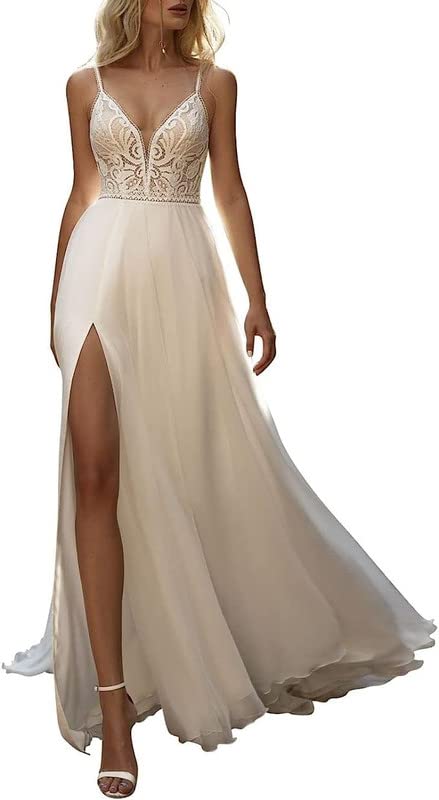 Spaghettiträger Brautkleid Chiffon Hochzeitskleid Strand Brautkleid A-Linie Hochzeit Standesamtkleid, SEVENYXX, Ivory, 36
