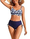 Ekouaer Bikini Damen Set Bauchweg High Waist Bademode Sexy Zweiteiliger Badeanzug Twist Front Swimsuit Bikini Sets, Navy Blatt XXL
