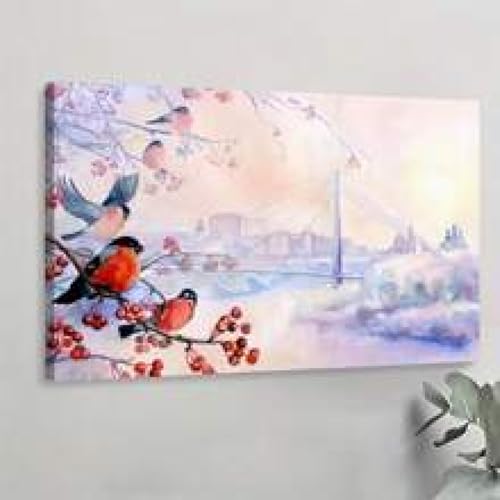 Toile murale scène de neige en hiver avec paysage d'oiseau et cadre interne 80x120 cm