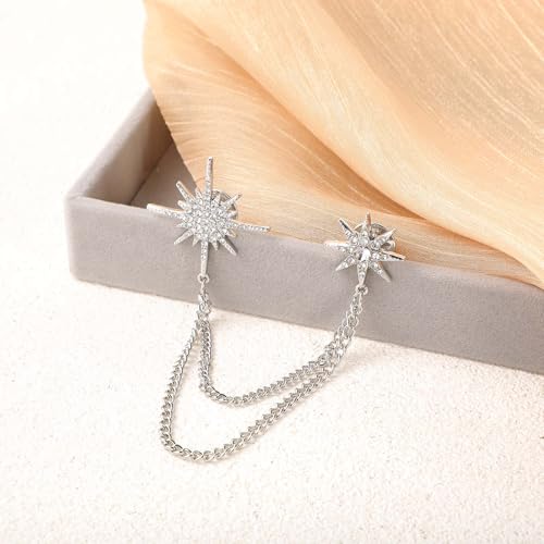 Image of Silver Rhinestone Star Brooch for Women, Crystal Snowflake Brooch Lapel Pins Fashion Broach Pin Dress Suit Accessories with Tassel Chain Clothing Clip Broach for Women Men