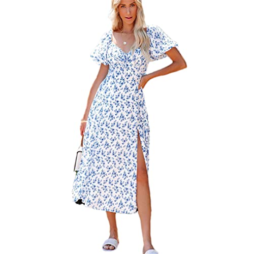 Robe longue vintage avec fentes imprimé floral été pour femme L