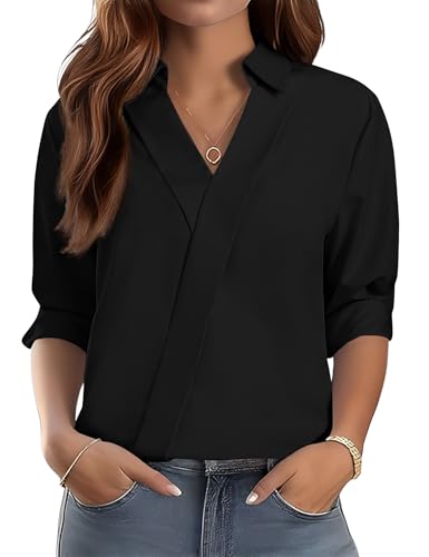 LOMON Black Dress Shirt Women Trendy 3/4 Sleeve Collared Shirt