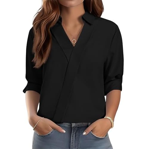 LOMON 3/4 Length Sleeve Womens Tops Dressy V Neck Collared Shirts Trendy Business Casual Work Blouses Vacation Outfits 2026