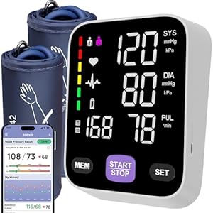Bluetooth Blood Pressure Monitors for Home use Come with 17″ Large and 21″ Extra Large bp Cuff 6 inches Color LED Screen Automatic Arm Type XL Blood Pressure Machine Apple Health Free APP