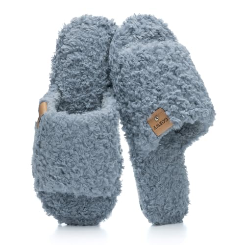 GOEWY Fuzzy Open Toe Slippers for Women Indoor with Comfy Memory Foam