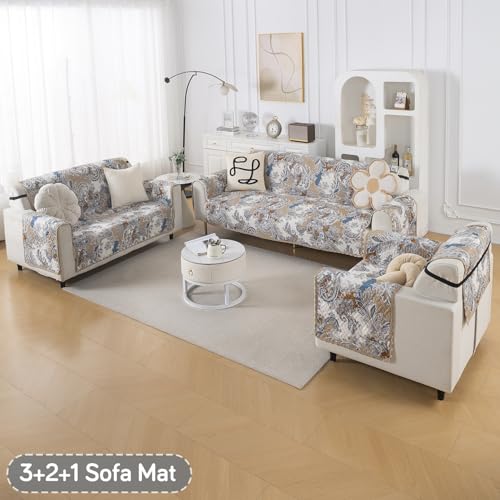 Image of HOKIPO Reversible Quilted Sofa Cover 6 Seater Set, 6 Seater(3+2+1) Sofa Cover, Easy Drape Series, Urban Floral (IN-1101 + IN-1100+IN-1099-ED4)