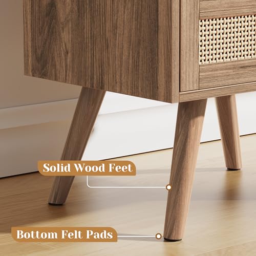 SUPERJARE 2 Drawer Night Stand with Charger Station, Boho Rattan Nightstand Set of 2, 25.2 Inch Tall Bed Side Table with Solid Wood Feet, End Table, Open Storage, Synthetic Rattan, Walnut