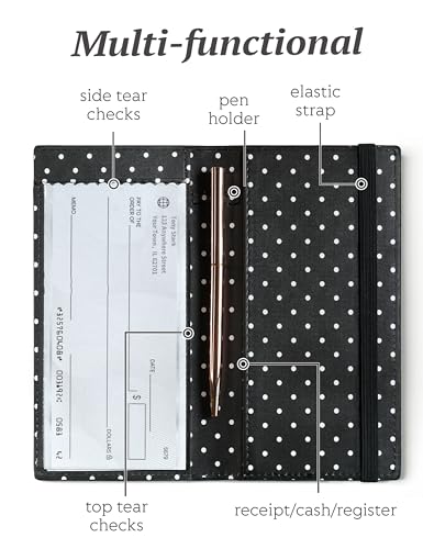 Image of Yarnic Checkbook Cover for Personal Checkbook Holder (Polka Black) | Check Book with Pen Holder & Built-in Clear Plastic Divider for Duplicate Checks