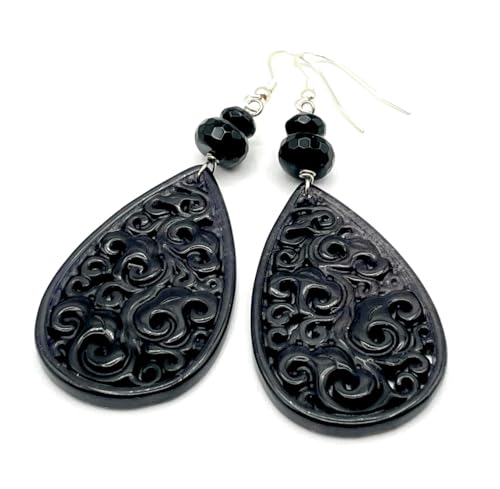 Boucles d'oreilles Jade Noir et Argent 925 pendantes style oriental