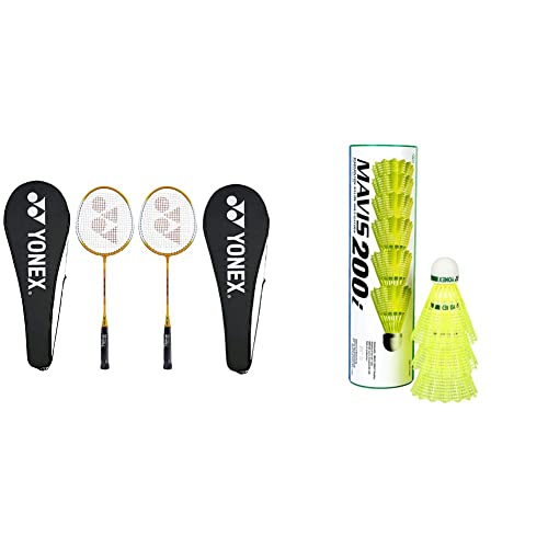 Image of Yonex GR 303 Aluminium Blend Badminton Racquet with Full Cover, Set of 2 (Yellow /Yellow) & Mavis 200i combo
