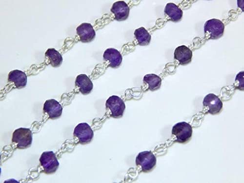 LKBEADS Ametyst kamień szlachetny 3-4 mm fasetowany posrebrzany różaniec wermil ogniwo łańcuszek 25,5 m