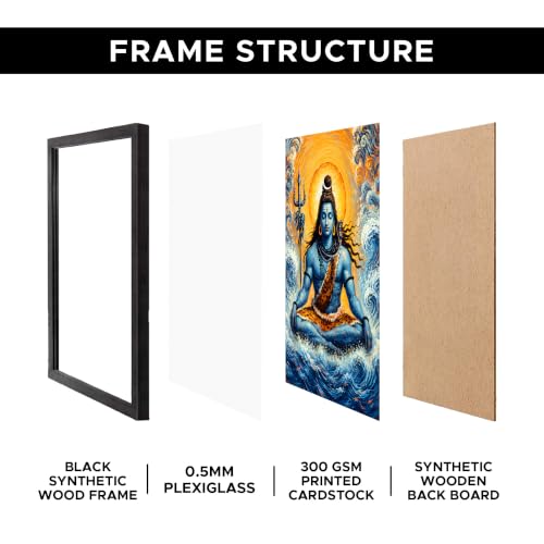 Image of Lord Shiva Premium Framed Wall Poster (12x18 Inch) | Shiva Meditation Wall Art | Hindu Spiritual Decor with Trishul & Ocean Waves for Puja Room, Bedroom, Living Room & Meditation Space