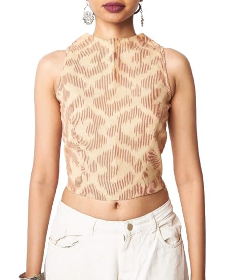 Sera Beige Geometric Ikat Halter Crop Top for Women | High Neck Sleeveless Cotton Summer Blouse with Back Keyhole | Regular Fit Casual Workwear Tank (Sizes SS S M L)-image-9
