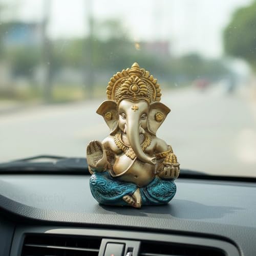 Image of Antique Gold Ganesha Idol Car Dashboard Idol Ganesha Murti Ganpati Idol for Home Decor Pooja Lord Ganesh Statue Gift for Office Desk Pooja Room (Ganesha Antique Gold)