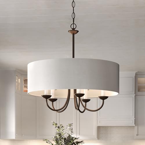 Image of Drum Shade Collection 5-Light White Textured Linen Shade Farmhouse Chandelier Light Antique Bronze