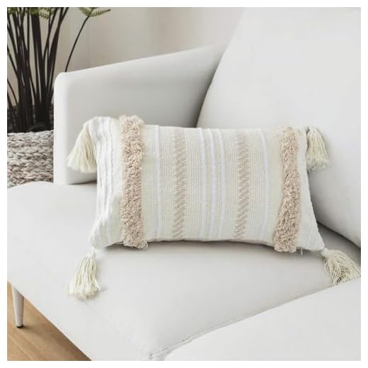LOMOHOO Boho Throw Kissenbezug Kissen Tufted Tassel Woven Decorative Kissenbezug für Couch Sofa Schlafzimmer Wohnzimmer Hellgelb Beige 12X20 Zoll 30cmx50cm 1PC