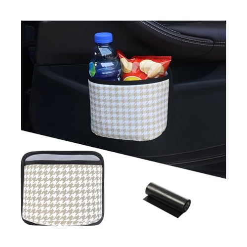 Image of Car Trash Can, Mini Foldable Vehicle Garbage Organizer with 15PCS Bin Bag, Check Pattern Auto Interior Hanging Bin Container Accessoies, Universal for SUV Sedan Truck (Beige /White)