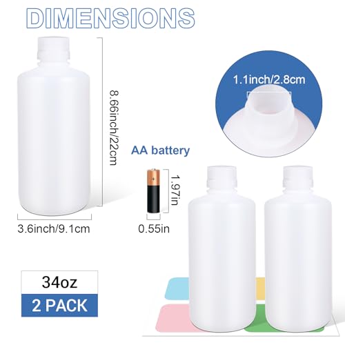 UMETASS 34 oz Lab Reagent Bottle, Laboratory Grade Chemical Container, Sealed Leak-proof HDPE Pill Bottle, Plastic Sample Bottles(2pack translucent)