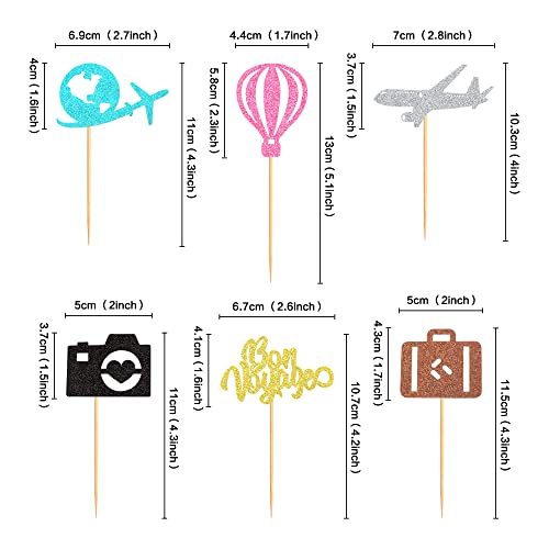 Ercadio 36 Pack Travel Cupcake Toppers Glitter Bon Voyage Cupcake Toppers Airplane Luggage Camera And Map Cupcake Picks For Travel Theme Baby Shower Birthday Party Supplies #TOP1
