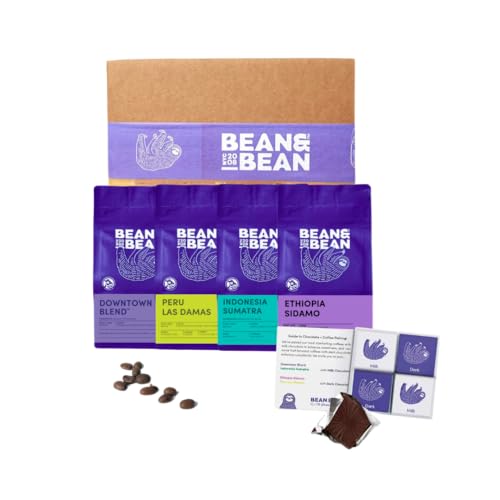 Bean Around the World Coffee & Chocolate Gift Set - 4 x 1.8oz Coffee Samplers Paired with Belgian Chocolates - Includes Single Origin Medium Roast, Whole Bean
