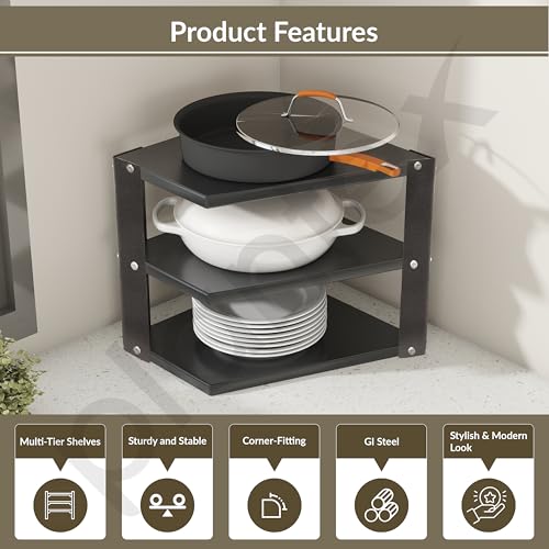 Image of Plantex GI-Steel 3-Tier Pan Stand for Kitchen /Multipurpose Corner Floor Mount Shelf for Kitchen - Pack of 1 (Black)
