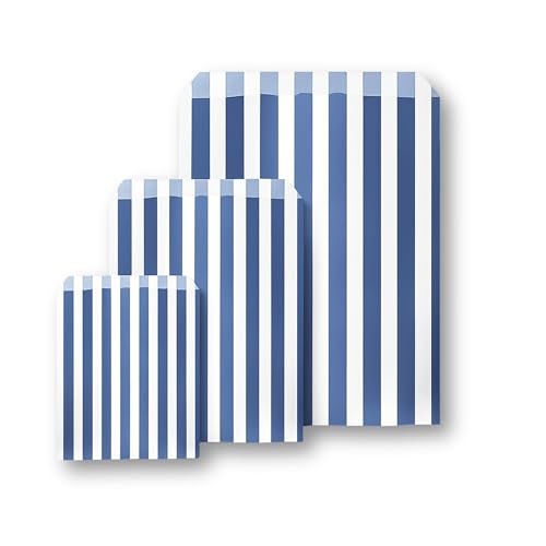 Somwell – 100 Navy Blue Candy Striped Paper Bags, 7 x 9" Ideal For Confectionary, Party Bags, Favours, Pick n Mix, Wedding Favours, Sweet Bags (100, 7 x 9")