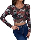 Women's Halloween Long Sleeve See Through Sheer Mesh Blouse Lettuce Trim Skull Print Crop Top L