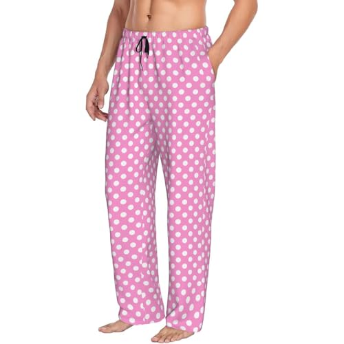 Mens Pajama Pants - Vintage Polka Dots Pink Print Soft Sleep Lounge Pants For Men, Casual Pj Bottoms With Pockets