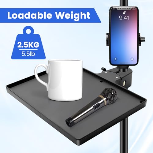 Sound Card Clip On Tray, Microphone Stand Tray, Multi functional Live Streaming Pole mount shelf sheet music Stand Clamp percussion table karaoke mic stand accessories(L 22x16.8cm)