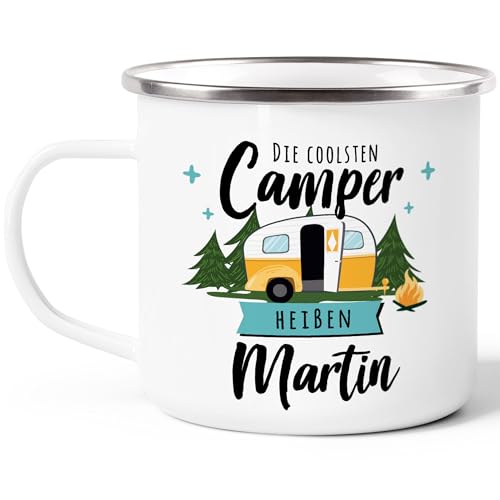 SpecialMe® Emaille-Tasse Camping Wohnmobil personalisiert mit Namen persönliche Geschenke für Camper Weiss-metall Emailletasse – Ansicht 2