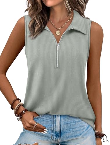 XIEERDUO Womens Polo Shirts Summer Sleeveless Tops for Women Ribbed Tank Tops Collared Shirts with Zipper Whitesmock 2X