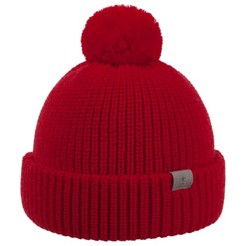 LIERYS Navigat Pudelmütze Damen Herren Strickmütze Made in Germany Bommelmütze aus Schurwolle Wollmütze mit Umschlag Herbst Winter rot One Size