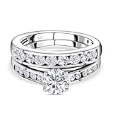 TJC Moissanite Rings for Women 2-Set in Platinum Plated 925 Sterling Silver Rings for Women and Girls Size M Anniversary Engagement Wedding Simulated Diamond Stackable Rings Set | Jewellery Gifts