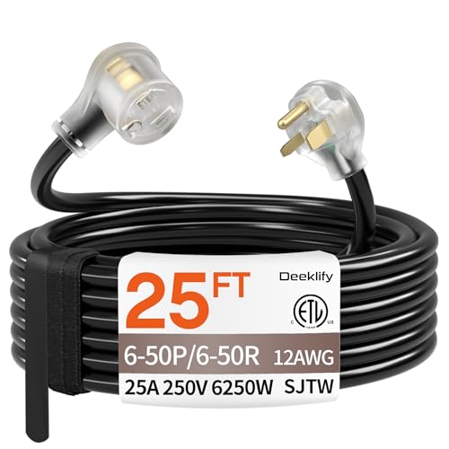 Image of 25FT 25 Amp 12 Gauge 3 Prong Welder Extension Cord, NEMA 6-50P to NEMA 6-50R, Heavy Duty 250V Welding Extension Cable with LED Indicator，for Lincoln, Plasma, Miller, SJTW, ETL Listed