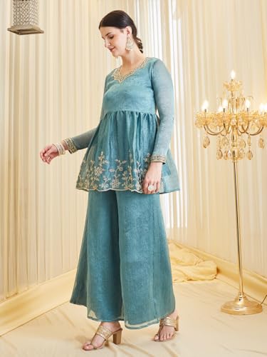 Image of MOKOSH Women's Silk Embroidered Kurta Set with Dupatta | Ethnic wear | 3 Piece Outfit | Festive Kurta Set | Peplum Kurti Sharara & Dupatta | Sweetheart Neck