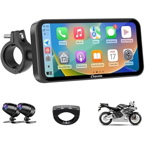 Carpuride W603D Motorcycle GPS Carplay Screen, Wireless CarPlay & Android Auto for Moto, with HD 1080P Dual Cameras, Remote Control，6.3" Waterproof Touchscreen, BT Aduio, Loop Recording, Navigation Cover