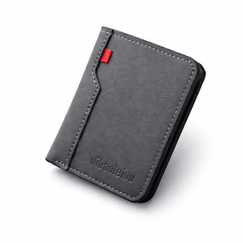 Carteira vertical fina para homens, carteira dobrável de couro PU com bolso para moedas com zíper, compartimentos para cartões e janela para identidade, cinza