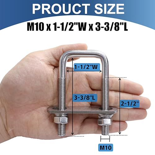 Image of 4 Pcs M10 Square U Bolts 1-1 /2 Inch Wide, 3 /8 inch x 1-1 /2 inchW x 3-3 /8 inchL | 304 Stainless U Bolt Heavy Duty with Nuts,Bolt Plate and Washers,Square U Bolts 1.5 Inch Wide,Metric bolts