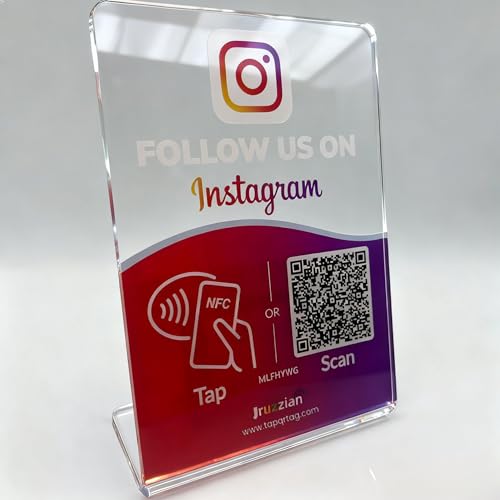 Jruzzian NFC Follow Us Social Media Sign Stand for Instagram with QR Code – Social Media Tap Sign for Small Businesses, Follow Us Sign, Acrylic Counter Display, Easysetup and Works with Smartphone