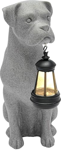 mikilov Hundeharz Statue mit Solar LED Lichter, Wasserdicht Boxer Hund Dekoration, Outdoor Statue Lichter, Ideal Garten Dekorationen, Solar Hund Statue Geschenke (grau-3)