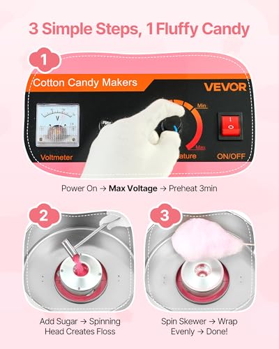 Miniatura 3 de Vevor Máquina De Algodón De Azúcar Eléctrica 1000 W Capacidad De 100 G De Azúcar 38 X 38 X 34 Cm Fácil De Instalar Y Desmontar Control Simple Con Azucarero Y Cuchara Para Hogar, Fiestas, Rosa