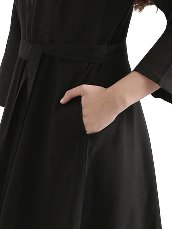 Image of SAADAA Women Cotton-Linen Blend Flared Dress | Midi Dress with 3 /4 Sleeves, Adjustable Waist Belt & Pockets | Below Knee Casual Dress for Office, Travel & Everyday Wear