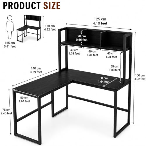 Image of Office Study Table Reversible L Shaped Corner Workstation Table for Home with Hutch Computer Desk with Storage Shelves & Bookshelf Black 140x50x150 CM