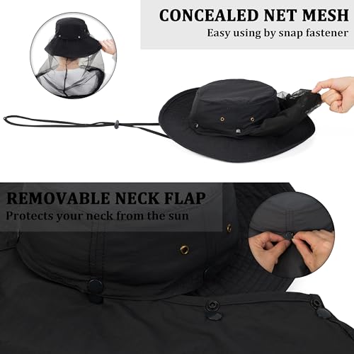 Image of Palmyth Head Net Hat, Sun Hat Safari Hat | UPF 50+, Removable Neck Flap, Water-Repellent, Wide Brim, Adjustable Chin Strap for Fishing and Gardening