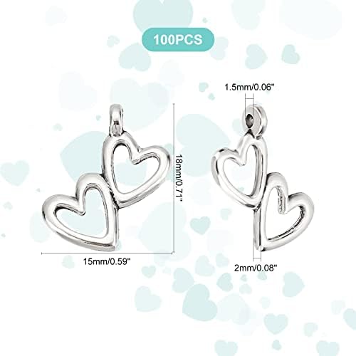 PandaHall Elite 100pcs Double Heart Charms Pendants Tibetan Alloy Heart-to-Heart Beads Charms for Valentines Day Thanksgiving Day DIY Necklace Bracelet Making, Antique Silver