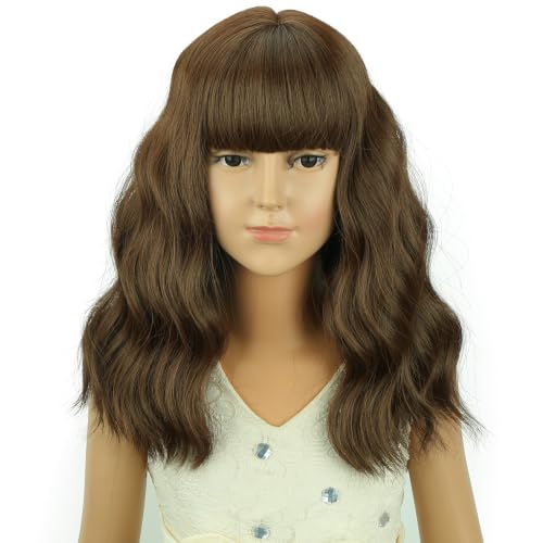 Image of Brown Wig Short Brown Wavy Curly Wigs Wig with Air Bangs Synthetic Cosplay Hair Wigs