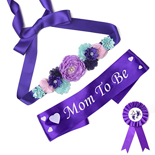 Baby Noah Shower Maternity Sash Belly Belt, Mom to Be & Dad to Be Button Pin, Pregnancy Maternity Flower Sash Belt for Gender Reveal