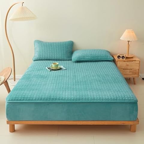 LweiPsqLin Quilted Flannel Fitted Sheets,Soft Flannel Fleece Mattress Top- Suitable for Fall and Winter,Fitted Deep Pocket Up to 15''. (LightSeaGreen, Twin) Cover